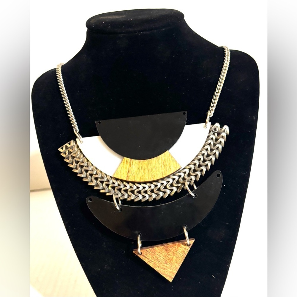 Layered Black and Gold Geometric Bib wood and plastic Necklace - Women Jewelry